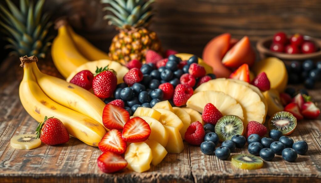 A beautifully lit still life scene of an array of fresh, vibrant fruits arranged on a rustic wooden table, ready to be incorporated into a delectable Banana Split Cake. In the foreground, ripe bananas, juicy strawberries, and luscious pineapple slices are carefully positioned, their colors and textures creating a visually captivating composition. The middle ground features plump blueberries and juicy raspberries, adding pops of color and depth to the scene. In the background, a scattering of kiwi slices and sliced grapes complement the assortment, hinting at the diverse flavors and textures to be enjoyed in the final cake. Soft, natural lighting casts a warm glow over the bountiful display, accentuating the freshness and vibrancy of the fruit. A beautifully lit still life scene of an array of fresh, vibrant fruits arranged on a rustic wooden table, ready to be incorporated into a delectable Banana Split Cake. In the foreground, ripe bananas, juicy strawberries, and luscious pineapple slices are carefully positioned, their colors and textures creating a visually captivating composition. The middle ground features plump blueberries and juicy raspberries, adding pops of color and depth to the scene. In the background, a scattering of kiwi slices and sliced grapes complement the assortment, hinting at the diverse flavors and textures to be enjoyed in the final cake. Soft, natural lighting casts a warm glow over the bountiful display, accentuating the freshness and vibrancy of the fruit.