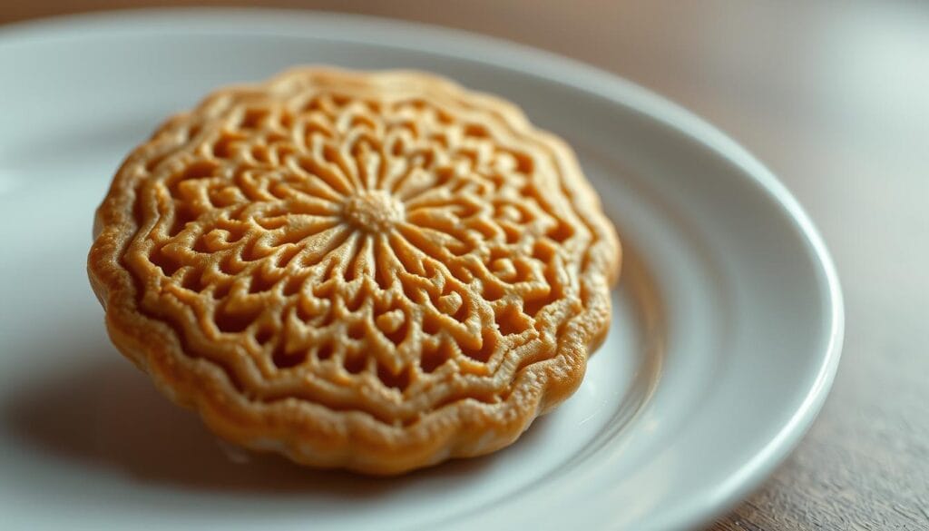 A close-up shot of a homemade Squid Game dalgona cookie, delicately crafted with intricate patterns. The cookie rests on a white ceramic plate, the detailed lace-like design shimmering under soft, evenly diffused lighting. The background is blurred, creating a sense of focus and attention on the cookie's intricate texture and golden-brown hue. The image conveys a sense of precision, care, and the attention to detail required to successfully bake this iconic Netflix show treat. A close-up shot of a homemade Squid Game dalgona cookie, delicately crafted with intricate patterns. The cookie rests on a white ceramic plate, the detailed lace-like design shimmering under soft, evenly diffused lighting. The background is blurred, creating a sense of focus and attention on the cookie's intricate texture and golden-brown hue. The image conveys a sense of precision, care, and the attention to detail required to successfully bake this iconic Netflix show treat.