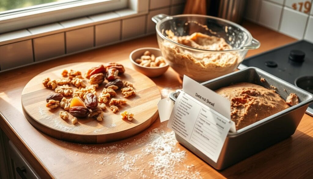 A cozy kitchen counter, bathed in warm, natural light. On the surface, a wooden cutting board holds an array of baking ingredients - golden-brown dates, crunchy walnuts, and a mixing bowl full of aromatic batter. Nearby, a loaf pan waits to be filled with the homemade date nut bread mixture. Flour dusts the counter, and a well-worn recipe card rests within easy reach, offering guidance on the step-by-step preparation. The scene exudes a sense of homemade comfort and care, inviting the viewer to imagine the delicious, moist and sweet loaf soon to emerge from the oven. A cozy kitchen counter, bathed in warm, natural light. On the surface, a wooden cutting board holds an array of baking ingredients - golden-brown dates, crunchy walnuts, and a mixing bowl full of aromatic batter. Nearby, a loaf pan waits to be filled with the homemade date nut bread mixture. Flour dusts the counter, and a well-worn recipe card rests within easy reach, offering guidance on the step-by-step preparation. The scene exudes a sense of homemade comfort and care, inviting the viewer to imagine the delicious, moist and sweet loaf soon to emerge from the oven.