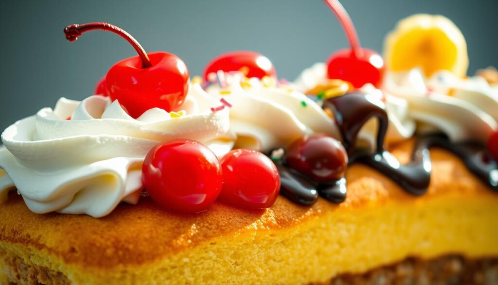 A delectable banana split cake toppings scene, illuminated by warm, natural lighting. In the foreground, an artful arrangement of vibrant red cherries, luscious whipped cream, and decadent chocolate sauce drizzled over the cake's golden-brown surface. In the middle ground, colorful sprinkles and chopped nuts add a delightful textural contrast. The background features a subtle gradient, creating a focus on the sumptuous dessert. The overall composition evokes a sense of indulgence and the classic flavors of a beloved banana split treat. A delectable banana split cake toppings scene, illuminated by warm, natural lighting. In the foreground, an artful arrangement of vibrant red cherries, luscious whipped cream, and decadent chocolate sauce drizzled over the cake's golden-brown surface. In the middle ground, colorful sprinkles and chopped nuts add a delightful textural contrast. The background features a subtle gradient, creating a focus on the sumptuous dessert. The overall composition evokes a sense of indulgence and the classic flavors of a beloved banana split treat.