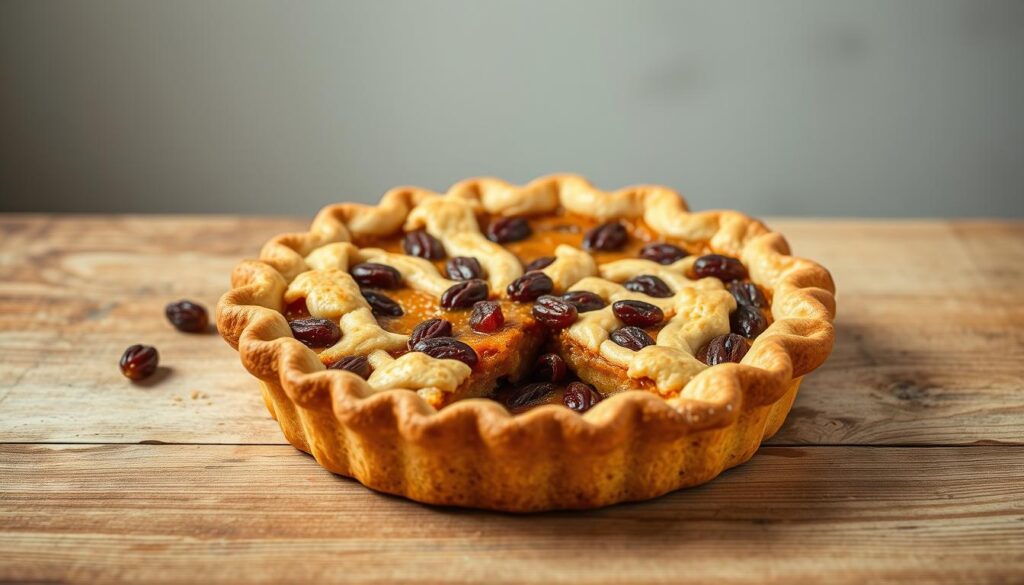 A freshly baked raisin pie with a golden-brown flaky crust, sitting atop a rustic wooden table. Inside, plump, juicy raisins are nestled in a rich, syrupy filling, the warm aroma wafting through the air. Soft, diffused lighting illuminates the scene, casting a cozy, inviting glow. The pie is perfectly centered, with a slice removed to reveal the tantalizing interior. In the background, a simple, uncluttered setting, allowing the pie to be the star of the show. The composition is balanced, with the pie taking up a natural, proportionate space within the frame. The overall mood is one of homemade comfort and irresistible indulgence. A freshly baked raisin pie with a golden-brown flaky crust, sitting atop a rustic wooden table. Inside, plump, juicy raisins are nestled in a rich, syrupy filling, the warm aroma wafting through the air. Soft, diffused lighting illuminates the scene, casting a cozy, inviting glow. The pie is perfectly centered, with a slice removed to reveal the tantalizing interior. In the background, a simple, uncluttered setting, allowing the pie to be the star of the show. The composition is balanced, with the pie taking up a natural, proportionate space within the frame. The overall mood is one of homemade comfort and irresistible indulgence.