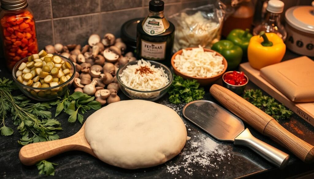 A kitchen counter filled with a variety of fresh pizza ingredients, including diced dill pickles, sliced mushrooms, diced bell peppers, shredded mozzarella cheese, and a selection of herbs and spices. In the foreground, a wooden pizza peel, a rolling pin, and a pizza cutter lie alongside a ball of fresh dough. Soft, warm lighting casts a cozy, inviting glow over the scene, creating a tempting and appetizing atmosphere. A kitchen counter filled with a variety of fresh pizza ingredients, including diced dill pickles, sliced mushrooms, diced bell peppers, shredded mozzarella cheese, and a selection of herbs and spices. In the foreground, a wooden pizza peel, a rolling pin, and a pizza cutter lie alongside a ball of fresh dough. Soft, warm lighting casts a cozy, inviting glow over the scene, creating a tempting and appetizing atmosphere.
