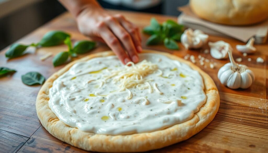 A large wooden table, its surface scattered with fresh basil leaves, sliced garlic, and creamy white sauce. In the foreground, a hand gently spreads the sauce across a round, golden-brown pizza crust, creating an even layer. Atop this, a generous sprinkling of mozzarella cheese, its strands glistening under the soft, warm lighting. In the middle ground, a handful of fragrant garlic cloves are crushed and their aromatic oils blend with the sauce, while a drizzle of olive oil adds a subtle sheen. The background is slightly blurred, hinting at a well-equipped kitchen, where the scent of baking dough and simmering herbs fills the air, creating a cozy, inviting atmosphere. A large wooden table, its surface scattered with fresh basil leaves, sliced garlic, and creamy white sauce. In the foreground, a hand gently spreads the sauce across a round, golden-brown pizza crust, creating an even layer. Atop this, a generous sprinkling of mozzarella cheese, its strands glistening under the soft, warm lighting. In the middle ground, a handful of fragrant garlic cloves are crushed and their aromatic oils blend with the sauce, while a drizzle of olive oil adds a subtle sheen. The background is slightly blurred, hinting at a well-equipped kitchen, where the scent of baking dough and simmering herbs fills the air, creating a cozy, inviting atmosphere.