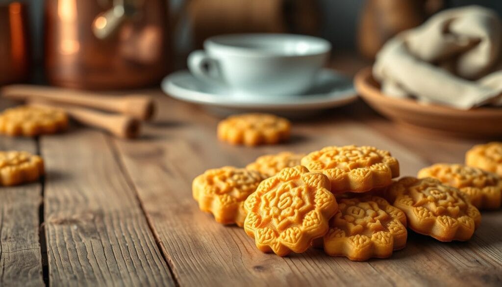 A meticulously crafted, gently lit image of a rustic wooden table showcasing a delicate arrangement of Squid Game-inspired cookies. The foreground features the golden-brown, honeycomb-textured treats, adorned with intricate patterns reminiscent of the show's iconic shapes. In the middle ground, a clean white plate provides a simple backdrop, allowing the cookies to take center stage. The background is softly blurred, hinting at a cozy kitchen setting with subtle hints of copper cookware and earthy tones. The overall composition exudes a sense of homemade craftsmanship and attention to detail, perfectly capturing the essence of the "Squid Game Cookies" recipe. A meticulously crafted, gently lit image of a rustic wooden table showcasing a delicate arrangement of Squid Game-inspired cookies. The foreground features the golden-brown, honeycomb-textured treats, adorned with intricate patterns reminiscent of the show's iconic shapes. In the middle ground, a clean white plate provides a simple backdrop, allowing the cookies to take center stage. The background is softly blurred, hinting at a cozy kitchen setting with subtle hints of copper cookware and earthy tones. The overall composition exudes a sense of homemade craftsmanship and attention to detail, perfectly capturing the essence of the "Squid Game Cookies" recipe.