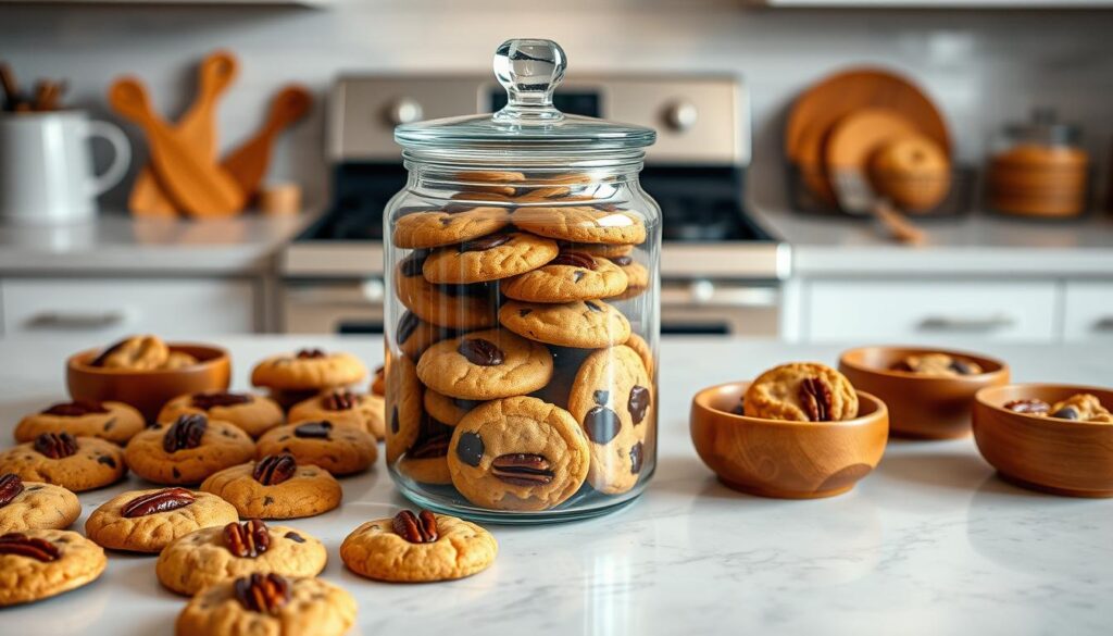 A meticulously organized kitchen counter, its surface adorned with a collage of chocolate chip pecan cookies neatly arranged in rows. The treats are presented in a transparent glass jar, its lid fastened securely, casting a warm glow from the soft, diffused lighting above. The cookies themselves are golden-brown, their crisp edges complemented by the rich, buttery centers. Surrounding the jar, small wooden bowls hold additional cookies, as if to suggest a bountiful supply. The overall scene conveys a sense of domestic tranquility, inviting the viewer to savor the flavors and imagine the comforting aroma of freshly baked treats. A meticulously organized kitchen counter, its surface adorned with a collage of chocolate chip pecan cookies neatly arranged in rows. The treats are presented in a transparent glass jar, its lid fastened securely, casting a warm glow from the soft, diffused lighting above. The cookies themselves are golden-brown, their crisp edges complemented by the rich, buttery centers. Surrounding the jar, small wooden bowls hold additional cookies, as if to suggest a bountiful supply. The overall scene conveys a sense of domestic tranquility, inviting the viewer to savor the flavors and imagine the comforting aroma of freshly baked treats.