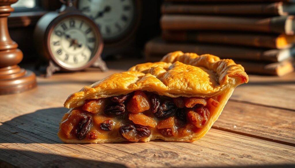 A mouthwatering slice of raisin pie sits prominently on a rustic wooden table, its flaky golden crust revealing a gooey, caramelized filling bursting with plump, juicy raisins. Warm lighting from a nearby window casts a cozy glow, casting gentle shadows that accentuate the pie's inviting texture. In the background, an antique clock and a stack of well-worn cookbooks hint at the timeless tradition behind this classic dessert. The composition evokes a sense of nostalgia and homespun charm, capturing the essence of the "History Behind Raisin Pie" and whetting the appetite for a slice of this beloved treat. A mouthwatering slice of raisin pie sits prominently on a rustic wooden table, its flaky golden crust revealing a gooey, caramelized filling bursting with plump, juicy raisins. Warm lighting from a nearby window casts a cozy glow, casting gentle shadows that accentuate the pie's inviting texture. In the background, an antique clock and a stack of well-worn cookbooks hint at the timeless tradition behind this classic dessert. The composition evokes a sense of nostalgia and homespun charm, capturing the essence of the "History Behind Raisin Pie" and whetting the appetite for a slice of this beloved treat.