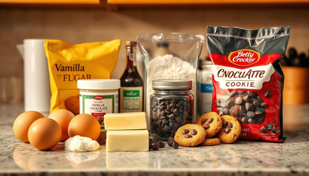 A neatly organized countertop, bathed in warm, golden lighting. At the center, a collection of classic baking ingredients for Betty Crocker's renowned Chocolate Chip Cookie recipe - plump, golden brown eggs, rich butter, granulated and brown sugars, all-purpose flour, a jar of vanilla extract, and a bag of semi-sweet chocolate chips. The ingredients are arranged in an elegant, visually appealing composition, inviting the viewer to imagine the delicious homemade cookies that will soon emerge from the oven. The scene evokes a sense of cozy, inviting domesticity, capturing the essence of this timeless, beloved recipe. A neatly organized countertop, bathed in warm, golden lighting. At the center, a collection of classic baking ingredients for Betty Crocker's renowned Chocolate Chip Cookie recipe - plump, golden brown eggs, rich butter, granulated and brown sugars, all-purpose flour, a jar of vanilla extract, and a bag of semi-sweet chocolate chips. The ingredients are arranged in an elegant, visually appealing composition, inviting the viewer to imagine the delicious homemade cookies that will soon emerge from the oven. The scene evokes a sense of cozy, inviting domesticity, capturing the essence of this timeless, beloved recipe.