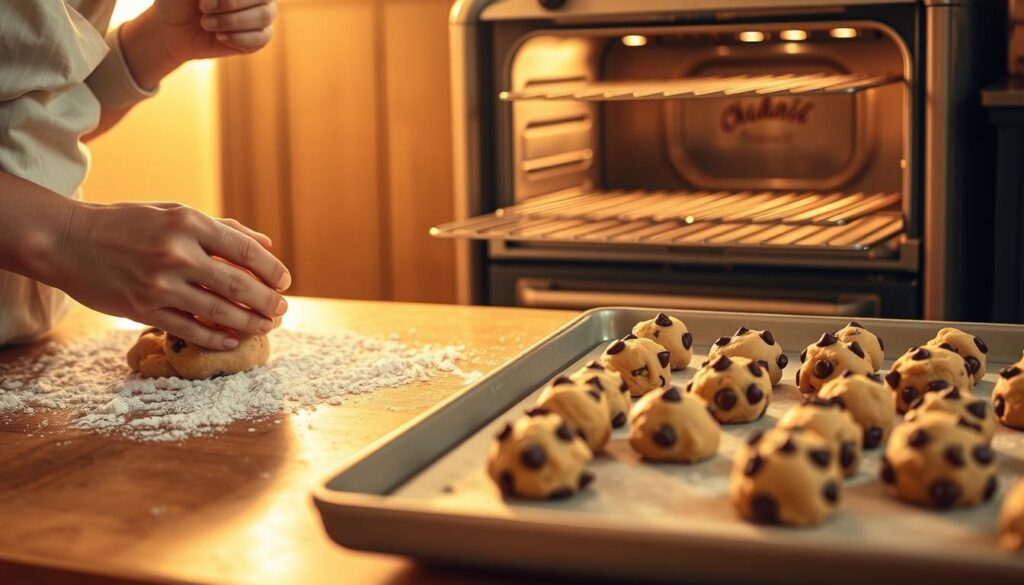 A photo of the baking process for mouthwatering chocolate chip pecan cookies. In the foreground, a baker's hands kneading dough on a wooden surface, flour dusting the countertop. In the middle ground, rows of freshly scooped cookie dough balls on a baking sheet, ready to be placed in a preheated oven. In the background, a vintage oven with an open door, releasing the enticing aroma of baking cookies. Warm, golden light bathes the scene, creating a cozy, inviting atmosphere. The image is captured with a wide-angle lens, highlighting the various stages of the baking process in a single frame. A photo of the baking process for mouthwatering chocolate chip pecan cookies. In the foreground, a baker's hands kneading dough on a wooden surface, flour dusting the countertop. In the middle ground, rows of freshly scooped cookie dough balls on a baking sheet, ready to be placed in a preheated oven. In the background, a vintage oven with an open door, releasing the enticing aroma of baking cookies. Warm, golden light bathes the scene, creating a cozy, inviting atmosphere. The image is captured with a wide-angle lens, highlighting the various stages of the baking process in a single frame.
