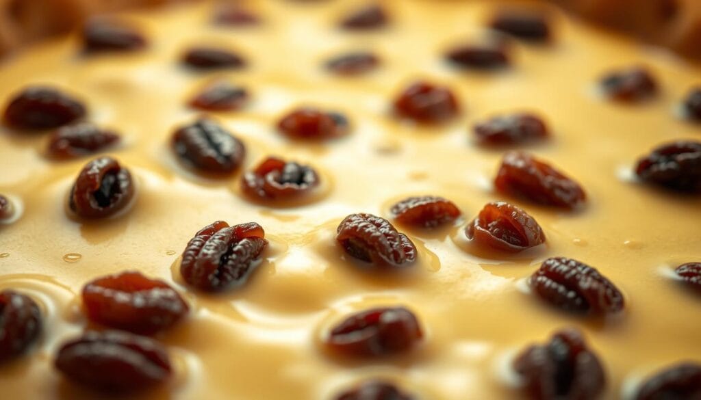 A richly textured close-up shot of a creamy raisin pie filling, captured in soft, warm lighting. The foreground features a smooth, velvety custard-like base, dotted with plump, glossy raisins that seem to burst with sweetness. The middle ground reveals a slightly elevated perspective, showcasing the luscious, almost gelatinous consistency of the filling. The background is blurred, creating a sense of depth and focus on the star of the image - the irresistible raisin cream pie filling. Subtle shadows and highlights accentuate the luxurious mouthfeel and inviting appearance of this indulgent treat.