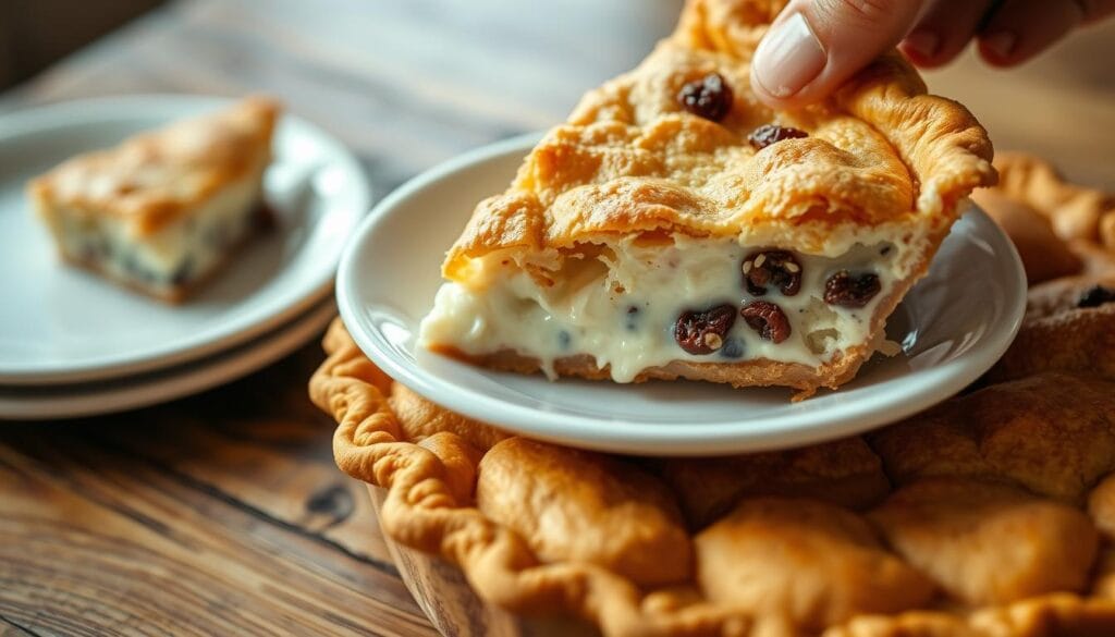 A warm, inviting close-up of a freshly baked raisin cream pie being served on a rustic wooden table. The golden crust is flaky and crisp, with plump, juicy raisins peeking through. A generous slice is being carefully placed onto a white ceramic plate, the rich, creamy filling glistening under soft, diffused lighting. The background is slightly blurred, emphasizing the focus on the delectable dessert. The scene conveys a sense of comfort and homemade goodness, perfect for illustrating a guide on serving and storing this classic American pie.