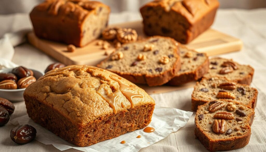 A warm, rustic still life showcasing various date nut bread variations. In the foreground, a freshly baked loaf of classic date nut bread, its golden crust glistening under soft, diffused lighting. Surrounding it, an array of gourmet interpretations - a slice of date nut bread with a drizzle of caramel sauce, another topped with chopped walnuts, and a third laced with hints of cinnamon and nutmeg. In the middle ground, a wooden cutting board bearing dates, pecans, and other ingredients, hinting at the process of creating these delectable treats. The background features a linen tablecloth in an earthy, neutral tone, creating a cozy, homespun atmosphere. Overall, the scene evokes the warmth and comfort of a cherished family recipe. A warm, rustic still life showcasing various date nut bread variations. In the foreground, a freshly baked loaf of classic date nut bread, its golden crust glistening under soft, diffused lighting. Surrounding it, an array of gourmet interpretations - a slice of date nut bread with a drizzle of caramel sauce, another topped with chopped walnuts, and a third laced with hints of cinnamon and nutmeg. In the middle ground, a wooden cutting board bearing dates, pecans, and other ingredients, hinting at the process of creating these delectable treats. The background features a linen tablecloth in an earthy, neutral tone, creating a cozy, homespun atmosphere. Overall, the scene evokes the warmth and comfort of a cherished family recipe.