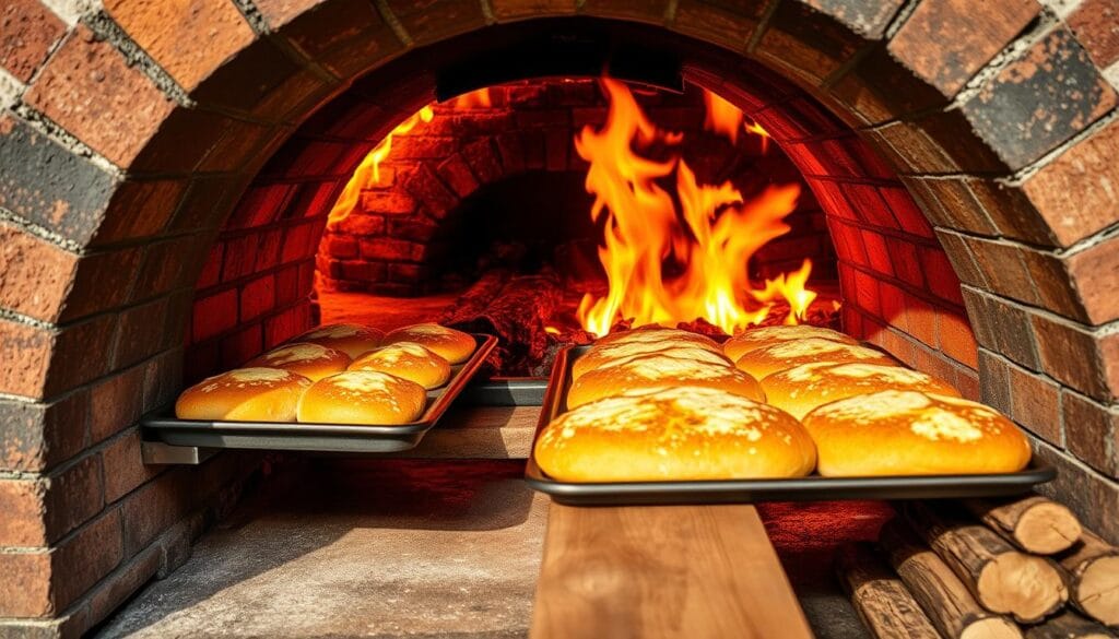 An interior view of a traditional brick oven, its wide mouth aglow with the fiery embers of a well-stoked fire. Trays of golden-crusted sourdough loaves, their cheesy tops bubbling and caramelizing, slide in and out of the oven's radiant heat on a long wooden peel. Warm, yeasty aromas waft through the air, mingling with the smoky scent of the hardwood flames. The oven's rugged, time-worn facade casts dramatic shadows, lending an artisanal, rustic ambiance to the scene. A tidy stack of fresh-cut logs stands ready to replenish the fire, ensuring the oven maintains its optimal baking temperature. The overall composition captures the tactile, sensory experience of the sourdough baking process in a professional, high-quality manner.