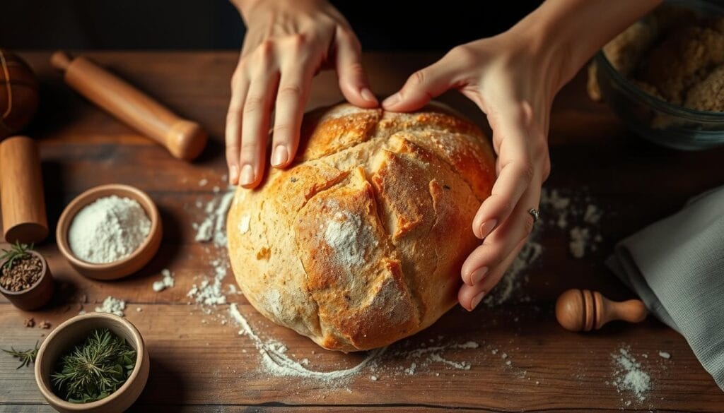 Delicate hands kneading and shaping a golden loaf of freshly baked French bread on a rustic wooden table, surrounded by an assortment of culinary ingredients and tools - herbs, spices, a rolling pin, and a mixing bowl. Soft, diffused lighting casts a warm glow, evoking the cozy atmosphere of a home kitchen. The composition highlights the process of customizing the classic recipe, showcasing the versatility and personal touch that can be added to this timeless baking tradition. Delicate hands kneading and shaping a golden loaf of freshly baked French bread on a rustic wooden table, surrounded by an assortment of culinary ingredients and tools - herbs, spices, a rolling pin, and a mixing bowl. Soft, diffused lighting casts a warm glow, evoking the cozy atmosphere of a home kitchen. The composition highlights the process of customizing the classic recipe, showcasing the versatility and personal touch that can be added to this timeless baking tradition.