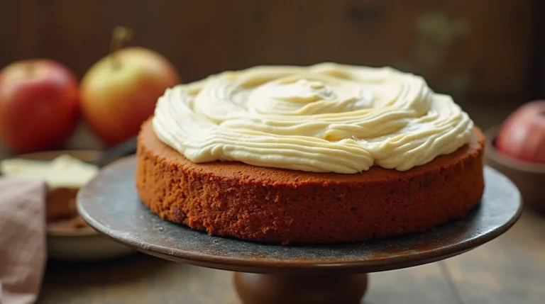Easy applesauce cake on a plate with frosting