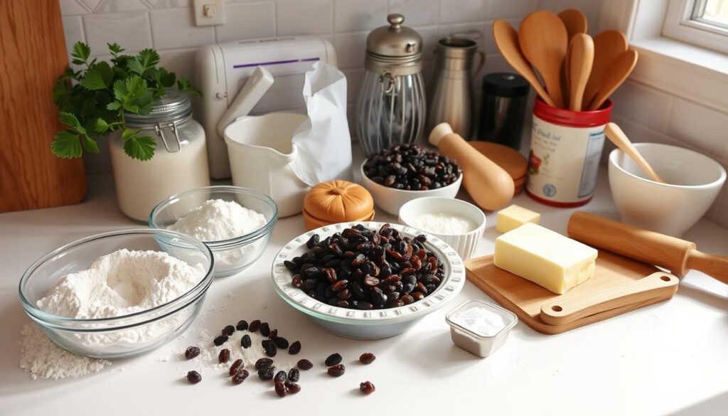 Image of a kitchen counter with all the ingredients and tools needed for a raisin pie recipe Image of a kitchen counter with all the ingredients and tools needed for a raisin pie recipe