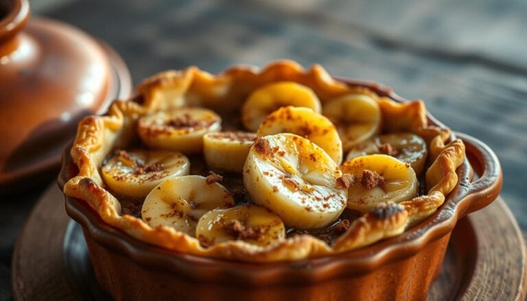 banana terracotta pie with golden crust