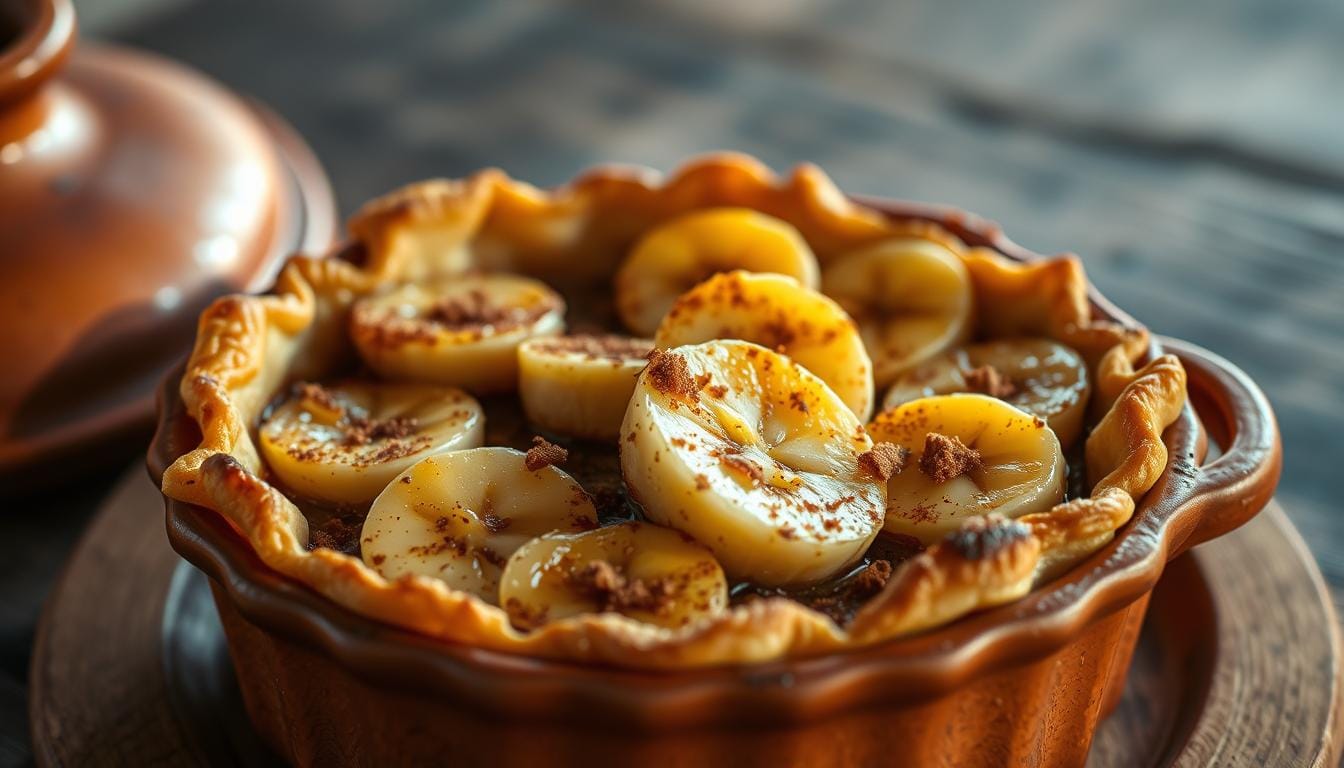 banana terracotta pie with golden crust