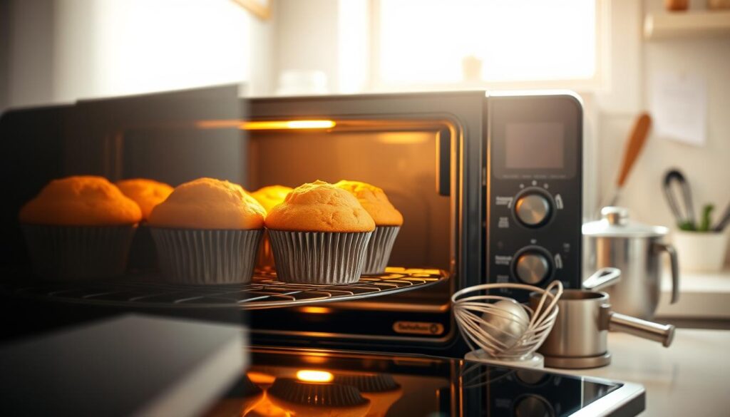 A bright, warm kitchen interior with a modern convection oven in the foreground, its glass door revealing golden-brown muffins rising perfectly. Soft, diffused lighting casts a cozy glow, accentuating the appealing texture of the muffin tops. The middle ground features a stainless steel mixing bowl, whisk, and measuring cups, hinting at the baking process. In the background, natural light streams in through a window, casting shadows and highlighting the clean, minimalist countertops. The overall scene conveys a sense of domestic tranquility and the satisfying aroma of freshly baked treats. A bright, warm kitchen interior with a modern convection oven in the foreground, its glass door revealing golden-brown muffins rising perfectly. Soft, diffused lighting casts a cozy glow, accentuating the appealing texture of the muffin tops. The middle ground features a stainless steel mixing bowl, whisk, and measuring cups, hinting at the baking process. In the background, natural light streams in through a window, casting shadows and highlighting the clean, minimalist countertops. The overall scene conveys a sense of domestic tranquility and the satisfying aroma of freshly baked treats.