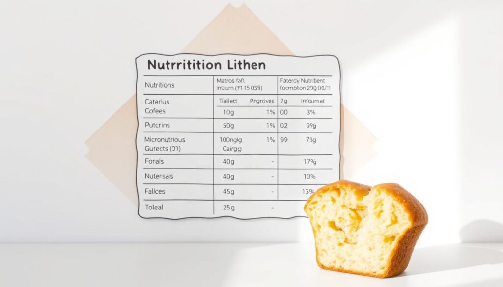 A clean, well-organized nutrition label with clear, easy-to-read macronutrient and micronutrient information, displayed against a light, airy background. The label should be the focal point, with a delicate, hand-drawn border framing it. In the foreground, a minimalist line-art illustration of a muffin, sliced in half to reveal its fluffy, golden interior. Behind the nutrition label, an abstract geometric pattern in muted, complementary colors, suggesting a sense of balance and healthy living. The lighting should be soft and natural, with gentle shadows that add depth and dimension to the composition. A clean, well-organized nutrition label with clear, easy-to-read macronutrient and micronutrient information, displayed against a light, airy background. The label should be the focal point, with a delicate, hand-drawn border framing it. In the foreground, a minimalist line-art illustration of a muffin, sliced in half to reveal its fluffy, golden interior. Behind the nutrition label, an abstract geometric pattern in muted, complementary colors, suggesting a sense of balance and healthy living. The lighting should be soft and natural, with gentle shadows that add depth and dimension to the composition.