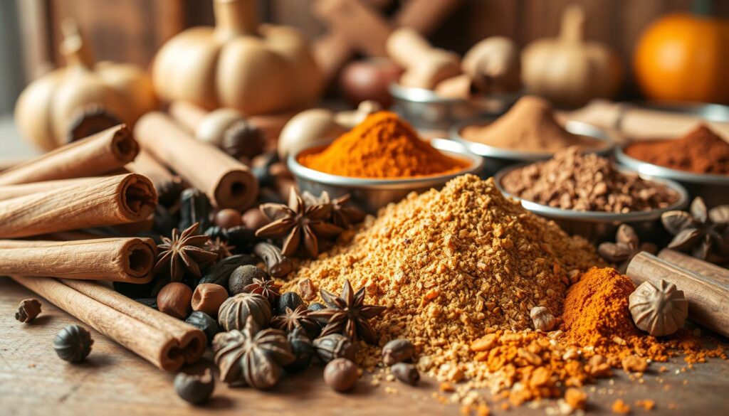 A close-up shot of a collection of various whole and ground spices used in pumpkin pie and other fall desserts. The foreground features an assortment of cinnamon sticks, whole nutmegs, cloves, allspice berries, and dried ginger pieces in warm earthy tones, neatly arranged on a wooden surface. The middle ground showcases finely ground spice powders, including cinnamon, nutmeg, ginger, and clove, in small piles or bowls, creating a harmonious color palette. The background is softly blurred, suggesting a cozy, rustic kitchen setting, with hints of wooden cabinetry or shelving. The lighting is natural, creating subtle shadows and highlights that accentuate the textures and hues of the spices, conveying a sense of warmth and comfort associated with autumn baking. A close-up shot of a collection of various whole and ground spices used in pumpkin pie and other fall desserts. The foreground features an assortment of cinnamon sticks, whole nutmegs, cloves, allspice berries, and dried ginger pieces in warm earthy tones, neatly arranged on a wooden surface. The middle ground showcases finely ground spice powders, including cinnamon, nutmeg, ginger, and clove, in small piles or bowls, creating a harmonious color palette. The background is softly blurred, suggesting a cozy, rustic kitchen setting, with hints of wooden cabinetry or shelving. The lighting is natural, creating subtle shadows and highlights that accentuate the textures and hues of the spices, conveying a sense of warmth and comfort associated with autumn baking.