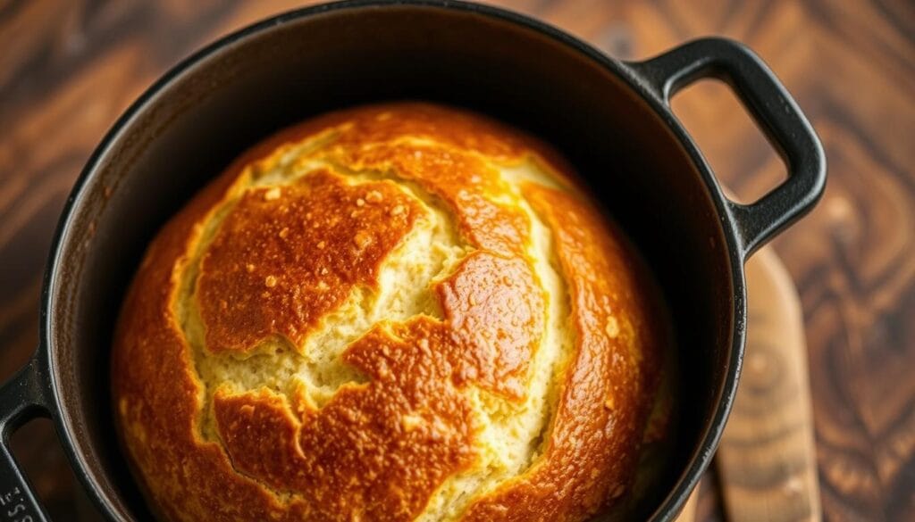 A close-up shot of a freshly baked loaf of cheddar jalapeño sourdough bread, resting inside a cast iron dutch oven. The bread's golden-brown crust glistens under warm, diffused lighting, revealing the intricate scoring pattern on the surface. The dutch oven is positioned on a rustic wooden surface, providing a natural, earthy backdrop. The scene conveys a sense of artisanal craftsmanship and the comforting aroma of freshly baked bread. Detailed textures, realistic lighting, and a subtle depth of field create an immersive, high-quality visual representation of the "Dutch Oven Mastery and Scoring Tips" section.
