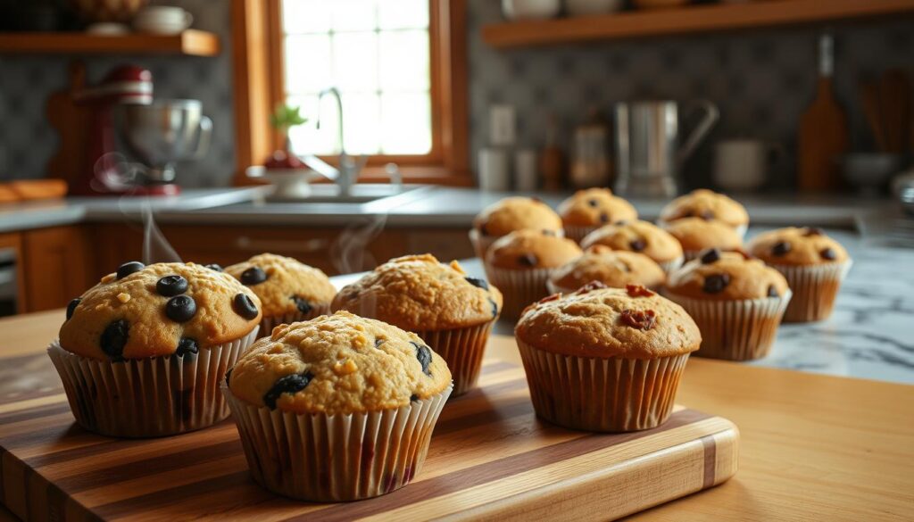 A delectable assortment of Kodiak muffins showcased in a warm, rustic kitchen setting. In the foreground, an array of freshly baked muffins in various flavors, such as blueberry, banana nut, and cinnamon apple, sit atop a wooden cutting board. Wisps of steam rise from the muffins, hinting at their irresistible aroma. In the middle ground, a marble countertop displays additional muffin variations, including chocolate chip and oatmeal raisin, arranged artfully. Soft, natural lighting from a nearby window casts a gentle glow, accentuating the muffins' inviting textures and colors. In the background, a few kitchen essentials, like a vintage mixing bowl and a set of measuring cups, add to the cozy, homemade atmosphere. A delectable assortment of Kodiak muffins showcased in a warm, rustic kitchen setting. In the foreground, an array of freshly baked muffins in various flavors, such as blueberry, banana nut, and cinnamon apple, sit atop a wooden cutting board. Wisps of steam rise from the muffins, hinting at their irresistible aroma. In the middle ground, a marble countertop displays additional muffin variations, including chocolate chip and oatmeal raisin, arranged artfully. Soft, natural lighting from a nearby window casts a gentle glow, accentuating the muffins' inviting textures and colors. In the background, a few kitchen essentials, like a vintage mixing bowl and a set of measuring cups, add to the cozy, homemade atmosphere.