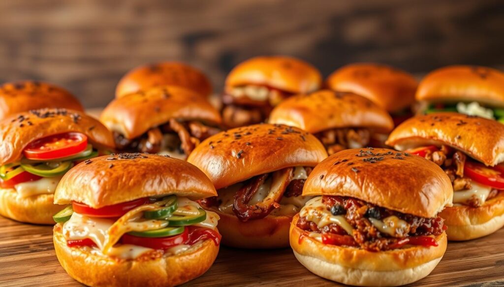 A delectable assortment of artisanal pizza sliders, each a culinary masterpiece. In the foreground, golden-crusted mini pizzas with a variety of toppings - classic pepperoni, vibrant veggie medleys, and decadent four-cheese blends. The middle ground showcases inventive flavor combinations, like BBQ pulled pork, buffalo chicken, and Mediterranean-inspired toppings, all nestled between fluffy, freshly baked slider buns. The background features a rustic wooden surface, illuminated by warm, soft lighting that casts a cozy, inviting atmosphere, highlighting the melted cheese, crisp edges, and vibrant colors of this irresistible pizza slider showcase. A delectable assortment of artisanal pizza sliders, each a culinary masterpiece. In the foreground, golden-crusted mini pizzas with a variety of toppings - classic pepperoni, vibrant veggie medleys, and decadent four-cheese blends. The middle ground showcases inventive flavor combinations, like BBQ pulled pork, buffalo chicken, and Mediterranean-inspired toppings, all nestled between fluffy, freshly baked slider buns. The background features a rustic wooden surface, illuminated by warm, soft lighting that casts a cozy, inviting atmosphere, highlighting the melted cheese, crisp edges, and vibrant colors of this irresistible pizza slider showcase.