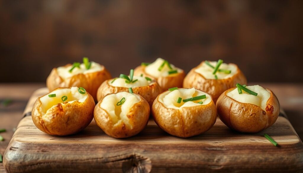 A delightful arrangement of mini baked potatoes, each one a perfectly golden-brown oval, resting on a rustic wooden surface. The potatoes are adorned with a delicate sprinkling of fresh chives, their vibrant green hues providing a beautiful contrast. Soft, fluffy interiors beckon, ready to be topped with a variety of savory or creamy accompaniments. Warm lighting from above casts a cozy glow, highlighting the crisp, slightly textured skins. The composition is carefully balanced, showcasing the mini potatoes as the star of the scene, with a clean, uncluttered background allowing them to shine. This image captures the appetizing essence of these bite-sized baked potatoes, perfect for sharing and pairing with your favorite dips, sauces, or other complementary flavors.