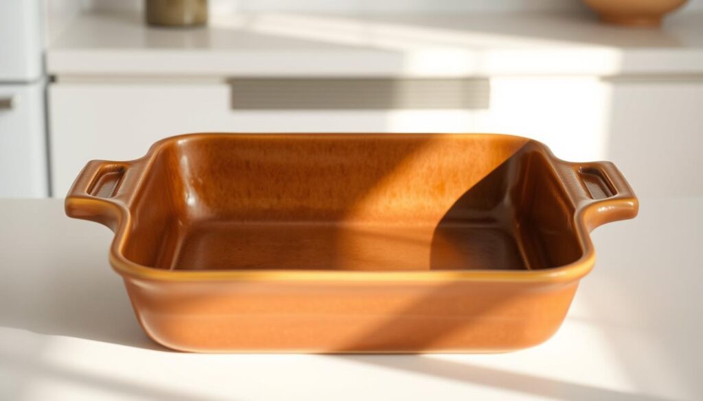 A high-quality, ceramic baking dish set against a clean, bright kitchen counter. The dish has a classic rectangular shape with gently sloped sides, a smooth glaze, and a rich, earthy tone. Soft, natural lighting casts a warm glow, highlighting the textured surface and casting subtle shadows. The dish is positioned at a slight angle, conveying a sense of thoughtful arrangement. The background is minimal, allowing the baking dish to take center stage as the focal point, emphasizing its utility as a essential kitchen tool for preparing delicious, vegan breakfast casseroles.
