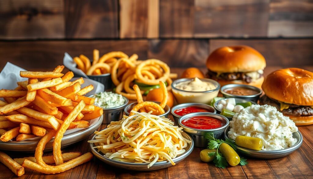 A lush, well-lit tabletop scene showcasing an assortment of savory burger side pairings. In the foreground, an array of thick-cut fries, crisp onion rings, and a creamy coleslaw. In the middle ground, a selection of tangy pickles, zesty sauces, and freshly baked pretzel buns. The background features a rustic wooden surface, with a hint of industrial-chic lighting that casts a warm, inviting glow. The overall composition evokes the mouthwatering flavors and textures that complement the bold, satisfying taste of a pretzel bun burger. A lush, well-lit tabletop scene showcasing an assortment of savory burger side pairings. In the foreground, an array of thick-cut fries, crisp onion rings, and a creamy coleslaw. In the middle ground, a selection of tangy pickles, zesty sauces, and freshly baked pretzel buns. The background features a rustic wooden surface, with a hint of industrial-chic lighting that casts a warm, inviting glow. The overall composition evokes the mouthwatering flavors and textures that complement the bold, satisfying taste of a pretzel bun burger.
