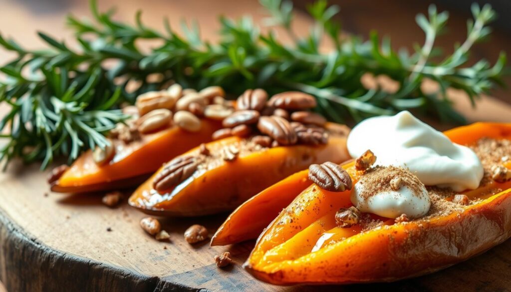 A mouth-watering array of sweet potato toppings is artfully arranged on a rustic wooden surface. In the foreground, vibrant orange roasted sweet potato wedges are topped with a drizzle of honey and a sprinkling of cinnamon. In the middle ground, a scattering of toasted pecans and a dollop of tangy sour cream add contrasting textures and flavors. The background features a selection of fresh herbs, including rosemary and thyme, their verdant hues complementing the warm tones of the sweet potatoes. The scene is illuminated by soft, natural lighting, creating a cozy, inviting atmosphere perfect for showcasing these delectable sweet potato toppings.