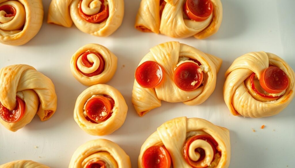A mouthwatering close-up of freshly baked pepperoni and mozzarella-filled crescent rolls, neatly arranged in a step-by-step sequence on a clean, white surface. Warm golden light casts a soft glow, highlighting the flaky, buttery dough and the melted cheese oozing from the coiled pastries. The arrangement showcases the simple, yet delicious preparation process, inviting the viewer to recreate this tempting homemade treat. A crisp, detailed focus captures every tantalizing layer, from the spiraled dough to the spicy pepperoni slices peeking through. An appetizing yet straightforward scene, capturing the essence of an easy-to-make pizza-inspired snack.
