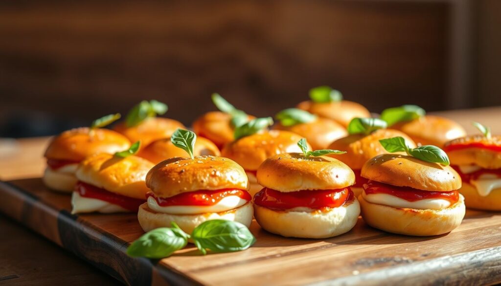 A neatly arranged platter of miniature pizza sliders, the dough buns lightly toasted and adorned with melted mozzarella cheese, fresh basil leaves, and a drizzle of savory marinara sauce. The sliders are presented on a rustic wooden surface, bathed in warm, natural lighting that accentuates their inviting appearance. The scene conveys a casual, appetizing atmosphere, perfect for serving as a crowd-pleasing appetizer or a satisfying snack. A neatly arranged platter of miniature pizza sliders, the dough buns lightly toasted and adorned with melted mozzarella cheese, fresh basil leaves, and a drizzle of savory marinara sauce. The sliders are presented on a rustic wooden surface, bathed in warm, natural lighting that accentuates their inviting appearance. The scene conveys a casual, appetizing atmosphere, perfect for serving as a crowd-pleasing appetizer or a satisfying snack.