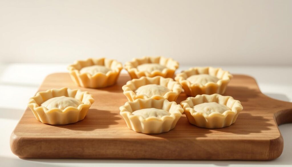 A neatly arranged set of miniature pie crusts resting on a wooden cutting board. The crusts, slightly golden-brown, are nestled in individual compartments or dividers, creating a compact and organized storage solution. Soft, natural lighting illuminates the scene, casting gentle shadows and highlighting the delicate texture of the pastry. The board is set against a plain, off-white background, allowing the mini pies to be the focal point. The overall mood is one of culinary organization and preparedness, inviting the viewer to envision the easy storage and make-ahead potential of these homemade mini pie crusts.