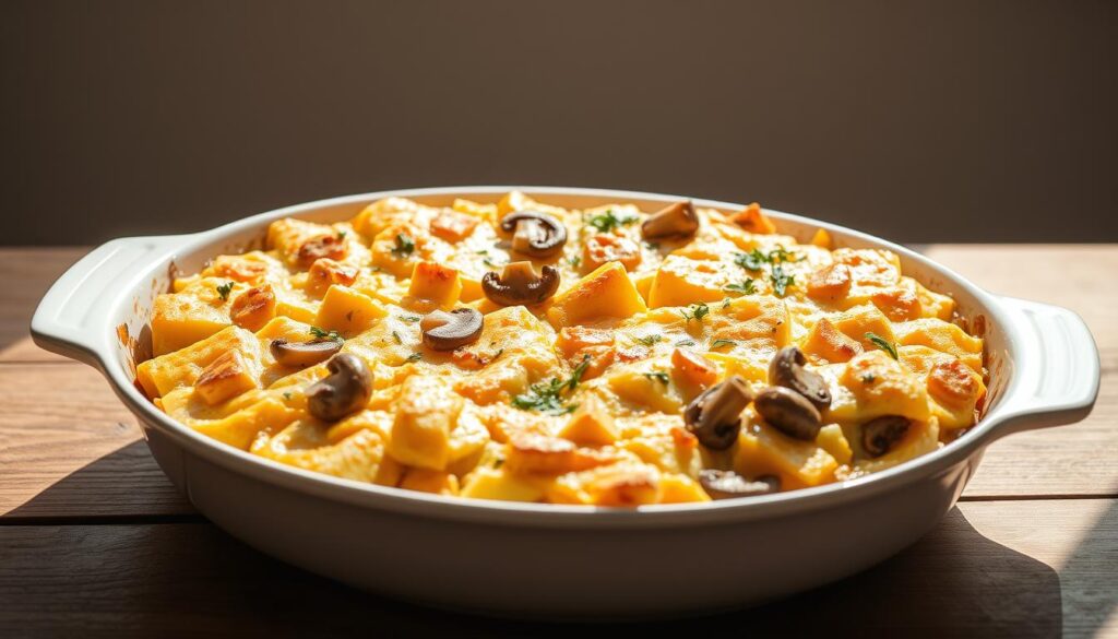 A nourishing vegan breakfast casserole, baked to golden perfection, sits on a wooden table. The casserole dish is filled with a hearty mixture of fluffy tofu, savory mushrooms, and aromatic herbs, creating a comforting and satisfying presentation. Soft natural lighting illuminates the dish, casting gentle shadows and highlighting the dish's inviting texture. The background is blurred, allowing the casserole to take center stage, while a simple, minimalist setting emphasizes the dish's rustic and homemade appeal. This image captures the essence of a delectable vegan breakfast casserole, ready to be enjoyed and shared.