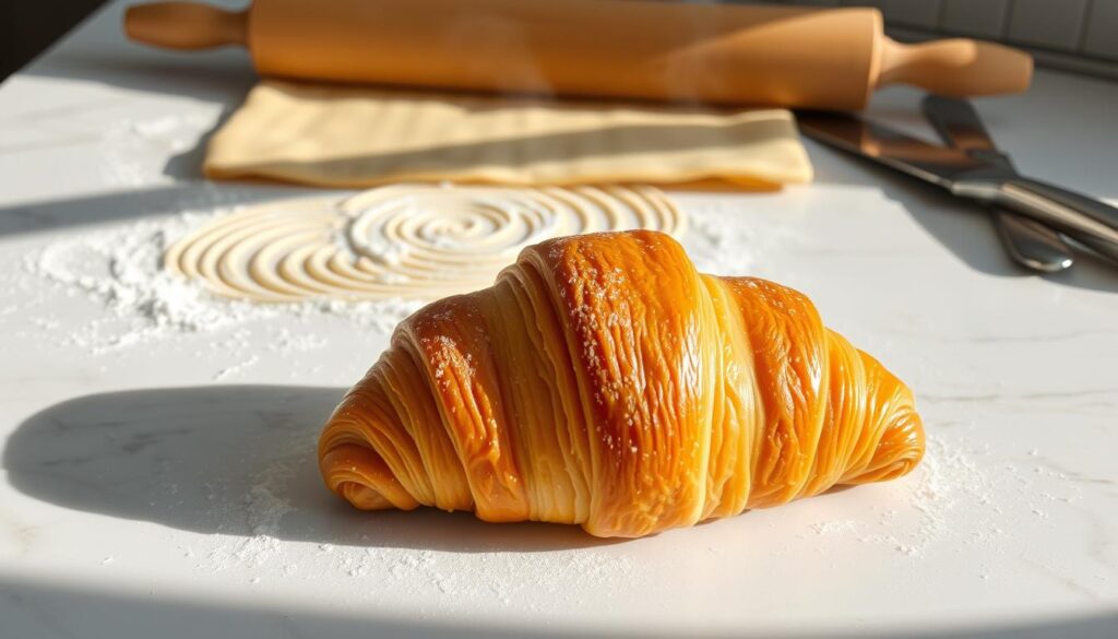 A perfectly golden, freshly baked croissant sits atop a white marble countertop, steam rising from its flaky layers. In the background, a rolled-out sheet of buttery dough is sprinkled with flour, ready for the next step in the croissant-making process. Bright, natural lighting casts soft shadows, highlighting the intricate patterns of the dough's lamination. On the side, a set of metal pastry tools - rolling pin, bench scraper, and a sharp knife - are neatly arranged, ready to assist the skilled baker in troubleshooting any issues that may arise during this delicate baking technique.