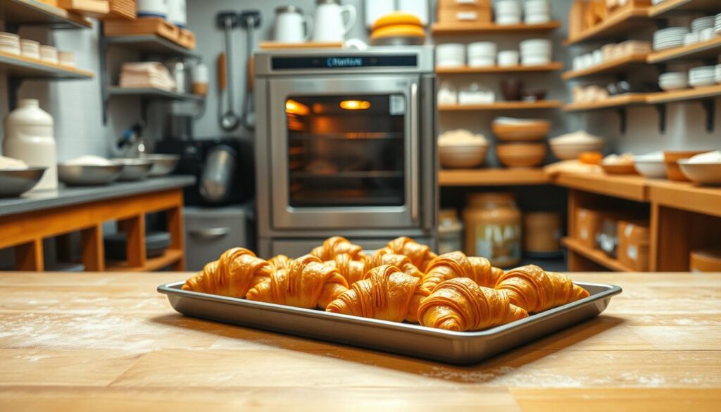 A professional bakery interior, with a wooden workbench in the foreground. On the bench, a tray of freshly proofed croissant dough, their golden-brown surfaces glistening under the soft, diffused lighting. In the middle ground, a commercial convection oven with a glass door, revealing the baking process. The background is filled with baking equipment, mixing bowls, and shelves stocked with flour, yeast, and other ingredients. The overall atmosphere is warm, inviting, and focused on the art of croissant making.