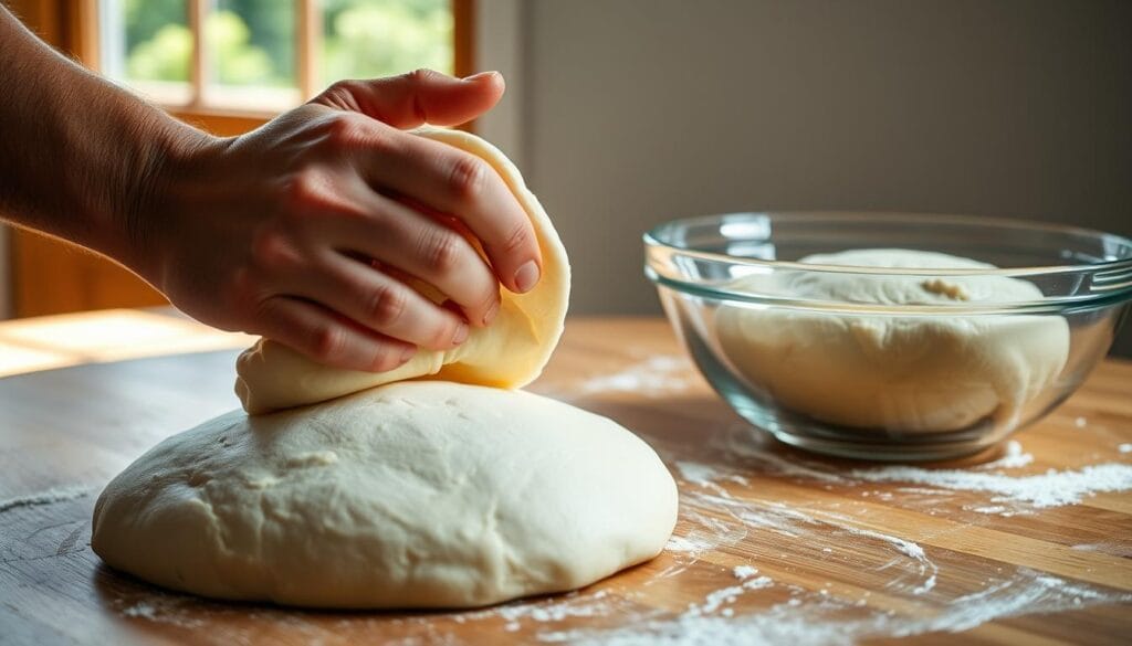 A professional chef's hand kneading and folding dough on a wooden kitchen counter, with natural lighting streaming in from a window. The dough has a smooth, even texture, and the chef's movements are deliberate and precise, showcasing the autolyse process - a crucial step in developing the gluten structure. In the background, a glass bowl filled with freshly proofed dough rises gently, ready for the next stage of the bread-making journey. The scene exudes a sense of calm, focusing on the tactile experience of working with the dough, a crucial part of the cheddar jalapeño sourdough bread-making process.