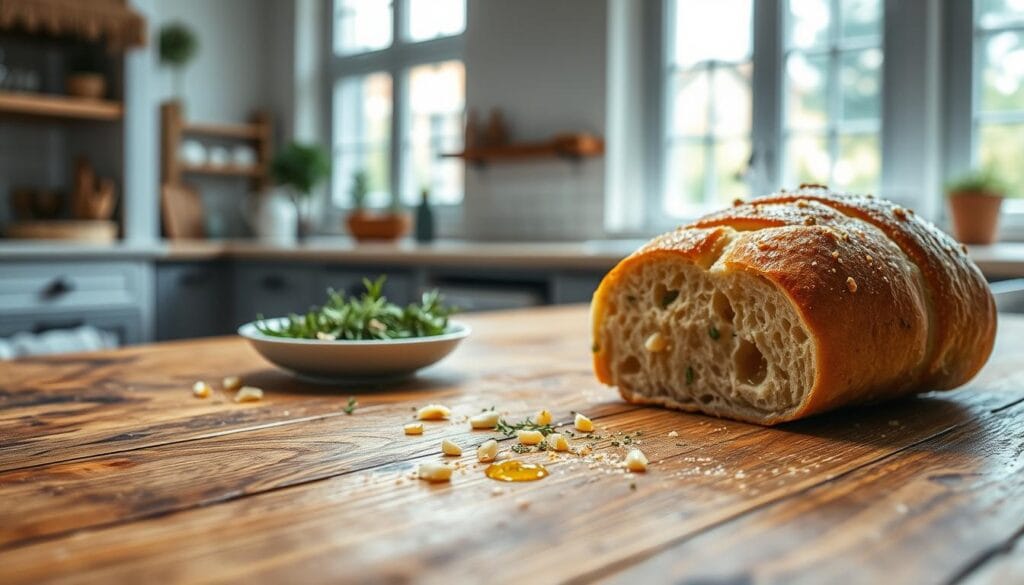 A rustic wooden table with a fresh, homemade loaf of garlic bread in the foreground. Warm, golden-brown crust with glistening olive oil and scattered minced garlic cloves. In the middle ground, a shallow dish of fragrant herbs, including rosemary, thyme, and parsley, ready to be sprinkled over the bread. The background features a bright, airy kitchen setting with natural light flooding in through large windows, casting a cozy, inviting atmosphere. Shallow depth of field, crisp focus on the bread, and soft, diffused lighting create an appetizing, mouthwatering scene.