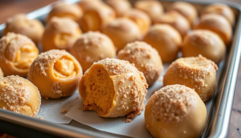 A tray of perfectly round pumpkin cheesecake balls, each one a delightful bite-sized treat. The smooth, creamy cheese filling is nestled within a soft, golden exterior, dusted with a light coating of graham cracker crumbs. The vibrant orange hue of the pumpkin puree shines through, complemented by the warm spices of cinnamon and nutmeg. Soft, indirect lighting casts a gentle glow, highlighting the inviting texture and mouthwatering appearance of these delectable confections. The camera is positioned at a slight angle, capturing the three-dimensional nature of the pumpkin cheesecake balls and their elegant presentation on a rustic wooden surface. A tray of perfectly round pumpkin cheesecake balls, each one a delightful bite-sized treat. The smooth, creamy cheese filling is nestled within a soft, golden exterior, dusted with a light coating of graham cracker crumbs. The vibrant orange hue of the pumpkin puree shines through, complemented by the warm spices of cinnamon and nutmeg. Soft, indirect lighting casts a gentle glow, highlighting the inviting texture and mouthwatering appearance of these delectable confections. The camera is positioned at a slight angle, capturing the three-dimensional nature of the pumpkin cheesecake balls and their elegant presentation on a rustic wooden surface.