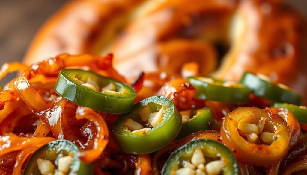 Caramelized onions and jalapeños, glistening with a rich, golden-brown hue, occupy the foreground of the frame. The onions, their layers delicately peeled back, emit a mouthwatering aroma, while the jalapeños add a vibrant pop of color and a hint of spice. In the middle ground, the warm, rustic tones of a pretzel bun texture create a harmonious backdrop, hinting at the savory burger to come. Soft, directional lighting casts gentle shadows, highlighting the intricate details and creating a cozy, inviting atmosphere. The composition is carefully balanced, drawing the viewer's eye to the captivating combination of flavors and textures. Caramelized onions and jalapeños, glistening with a rich, golden-brown hue, occupy the foreground of the frame. The onions, their layers delicately peeled back, emit a mouthwatering aroma, while the jalapeños add a vibrant pop of color and a hint of spice. In the middle ground, the warm, rustic tones of a pretzel bun texture create a harmonious backdrop, hinting at the savory burger to come. Soft, directional lighting casts gentle shadows, highlighting the intricate details and creating a cozy, inviting atmosphere. The composition is carefully balanced, drawing the viewer's eye to the captivating combination of flavors and textures.