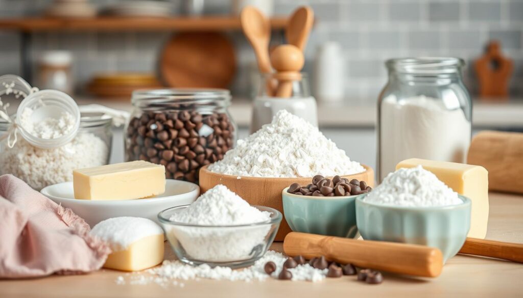 Create an image of a kitchen counter with various baking ingredients, including butter, sugar, flour, and chocolate chips. Create an image of a kitchen counter with various baking ingredients, including butter, sugar, flour, and chocolate chips.