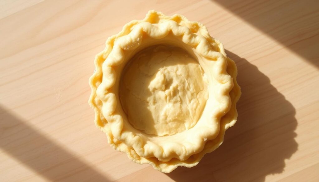 Delicate, flaky mini pie crust on a light wooden surface, partially baked and ready for blind baking. Crust has a golden-brown hue with distinct crimped edges and intricate patterns. Soft natural light casts warm shadows, accentuating the crust's texture. Camera angle slightly above, capturing the crust's dimensional quality. Minimal styling, allowing the crust to be the focal point. Serene, homey atmosphere evoking the comforts of baking.