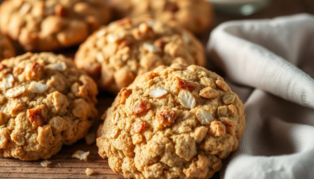 Soft, chewy oatmeal coconut cookies freshly baked, golden brown with a delicate crunch. Crunchy toasted coconut flakes sprinkled generously, complementing the hearty oats. Warm lighting illuminates the cookies, casting a cozy glow. Shallow depth of field focuses attention on the enticing texture and inviting aroma. Cookies arranged on a rustic wooden surface, with a simple linen napkin nearby, conveying a homemade, comforting scene. Mouthwatering and irresistible, a visually captivating representation of the delicious oatmeal coconut cookies.