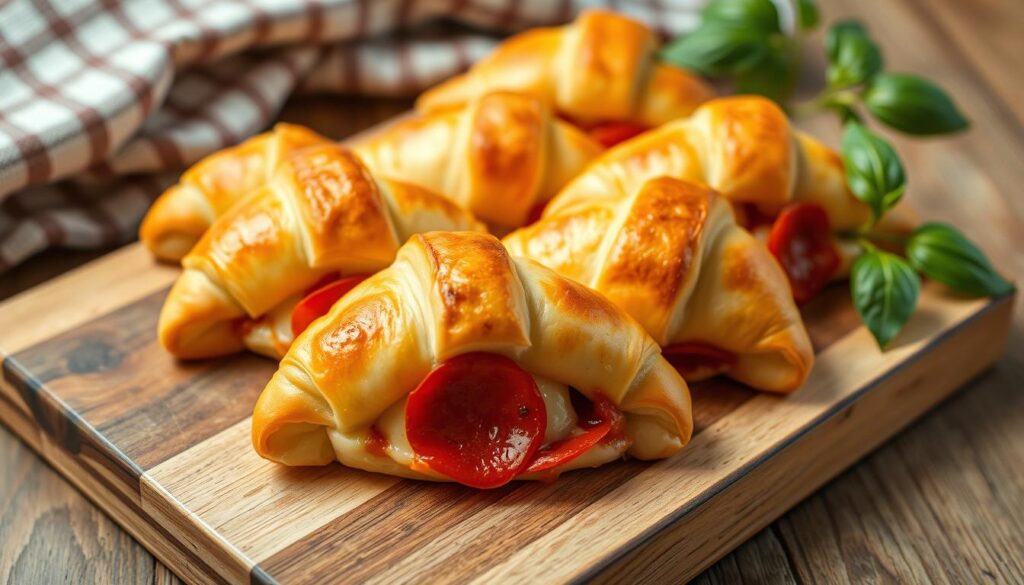 Warm, freshly baked crescent rolls, filled with melted mozzarella cheese and pepperoni, arranged on a rustic wooden board. The rolls are gently steaming, their golden-brown crusts glistening under the soft, diffused lighting. In the background, a checkered kitchen towel and a few sprigs of fresh basil add a homey, Italian-inspired touch. The composition is balanced, with the rolls taking center stage, inviting the viewer to imagine the savory aroma and satisfying texture of this quick and easy pizza-inspired snack.