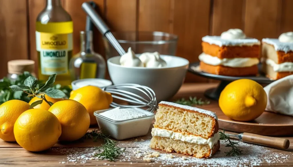 A detailed still life of the ingredients for a luscious limoncello mascarpone cake, shot in natural daylight against a warm wooden backdrop. In the foreground, plump lemons, a block of creamy mascarpone, and a bottle of vibrant limoncello liqueur. In the middle ground, a mixing bowl, whisk, and other essential baking tools. The background features a scattering of fresh herbs, a dusting of powdered sugar, and a slice of the finished cake, its layers of lemon-infused sponge and mascarpone cream elegantly displayed. The scene conveys a sense of rustic sophistication, capturing the essence of this indulgent dessert. Limoncello Mascarpone Cake: Ingredients
