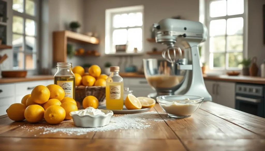 A bright, airy kitchen setting with a large wooden table in the foreground. On the table, a baker's mise en place of essential ingredients for making a luscious limoncello mascarpone cake - a mountain of fresh lemons, a jar of fragrant limoncello liqueur, a bowl of creamy mascarpone, and a dusting of powdered sugar. In the middle ground, a stand mixer whirs to life, its whisk attachment blending the cake batter. Soft, natural daylight streams in through large windows, casting a warm glow over the scene. The overall mood is one of focused preparation, anticipation, and the joy of baking. Limoncello Mascarpone Cake: Preparing