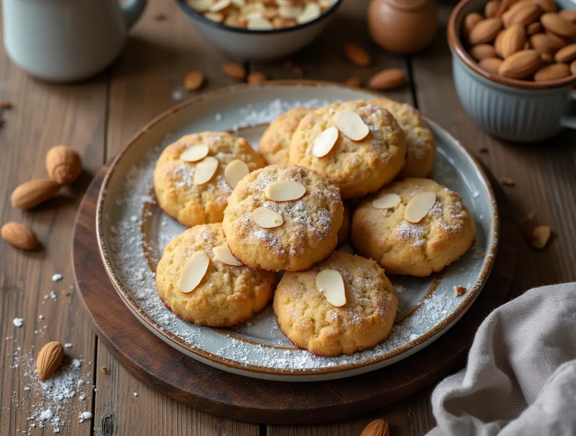 Freshly baked almond croissant cookies topped with sliced almonds and powdered sugar.