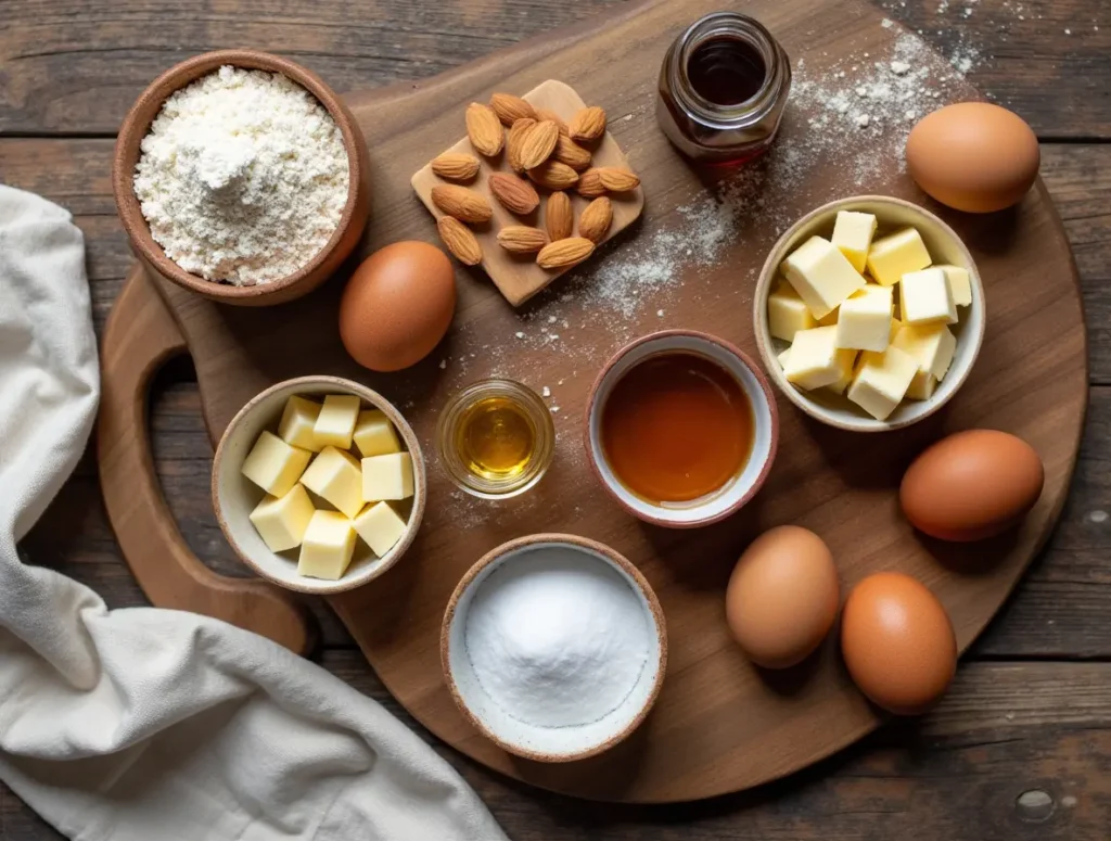 Almond cookie ingredients in bowls on rustic table.