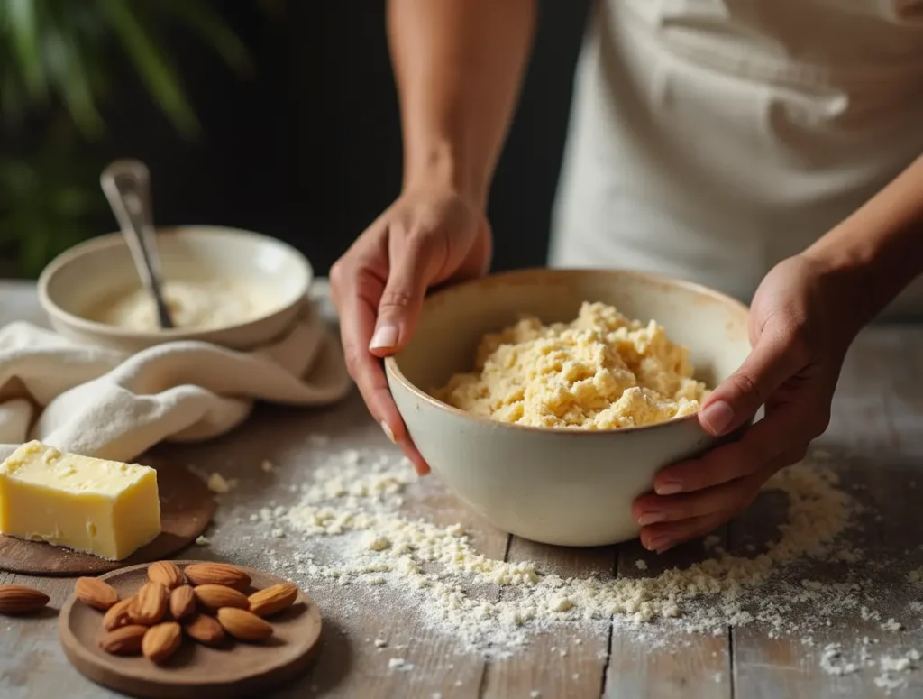 mixing almond cookie dough in bowl.